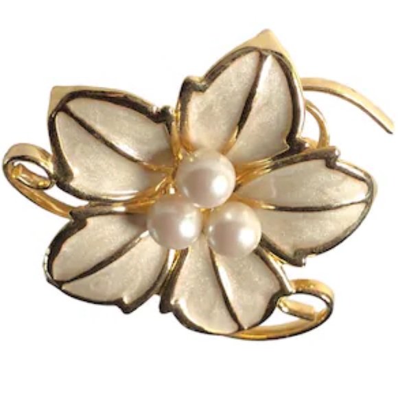 Vintage Brooch Ivory Enamel Pearl Gold Gilt MCM Estate Jewelry Flower Bud Pin - Picture 3 of 15